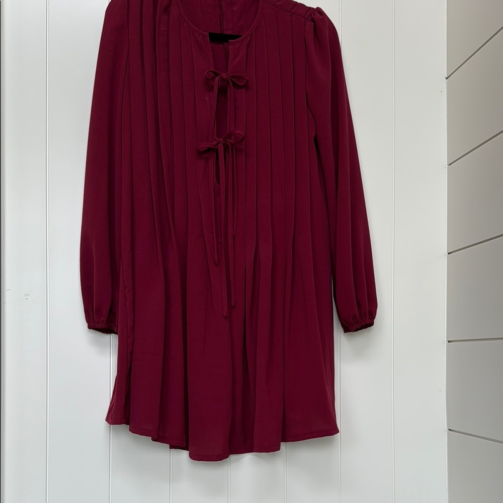 Burgundy Pleated Long Sleeve Mini Dress